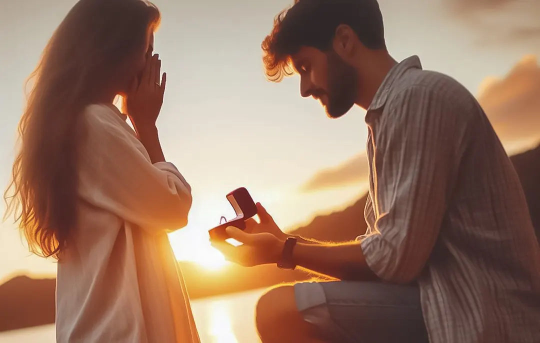 Al atardecer, dos almas se unen con un símbolo de amor y la promesa de un futuro juntos.