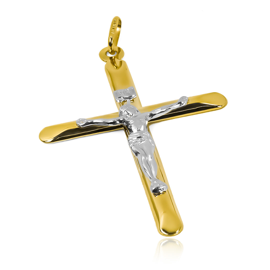 Dije Cruz cristo XL medio tubo I de oro 18K con garantía de por vida. Fabricado por Joyería Caracas.