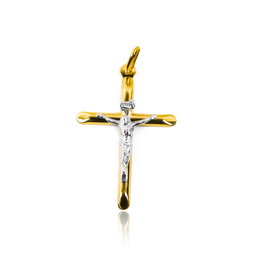 Dije Cruz cristo M medio tubo bicolor I, hecho con Oro 18K y respaldado por la prestigiosa Joyería Caracas. Con garantía para toda la vida.