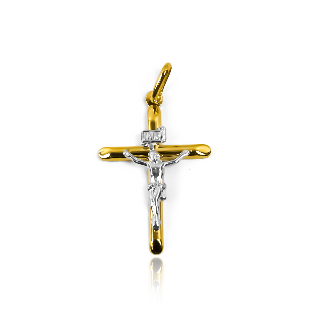 Dije Cruz cristo S medio tubo bicolor I. Hecho de Oro 18K por Joyería Caracas, cuenta con garantía de por vida. 