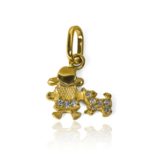 Descubre la elegancia y la exclusividad con nuestro hermoso dije de niña y perro, adornado con cristales y hecho de oro 18K. Con la calidad de Joyería Caracas y una garantía para toda la vida, este accesorio es más que una joya, es una inversión en estilo y sofisticación.