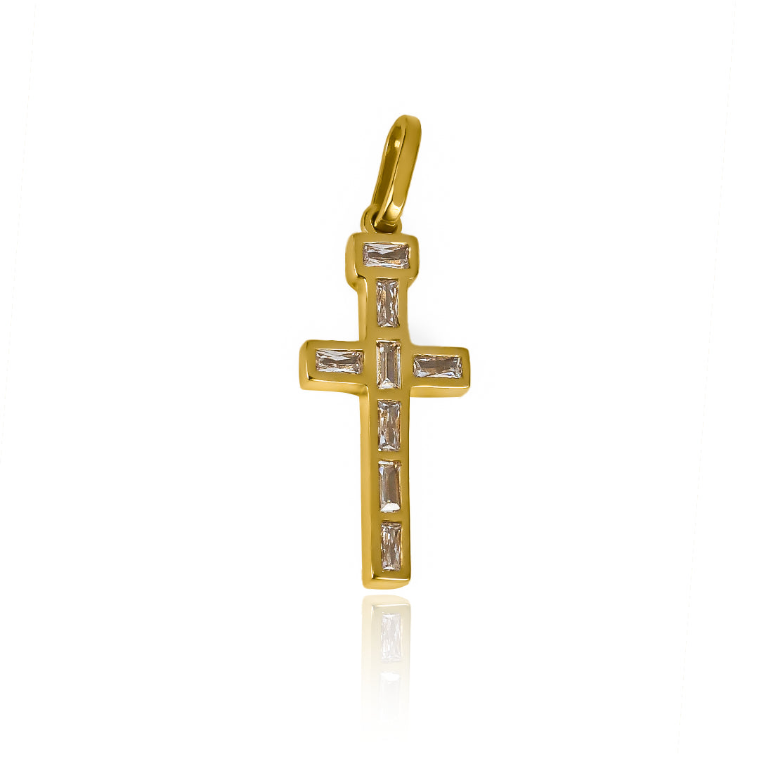 Dije Cruz baguette JC en oro 18K, de Joyería Caracas. Con una garantía de por vida, una pieza que simboliza elegancia y exclusividad.