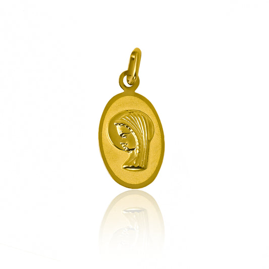 Dije Virgen Maria placa oval & I en oro 18K, diseñado por Joyería Caracas con garantía de por vida.