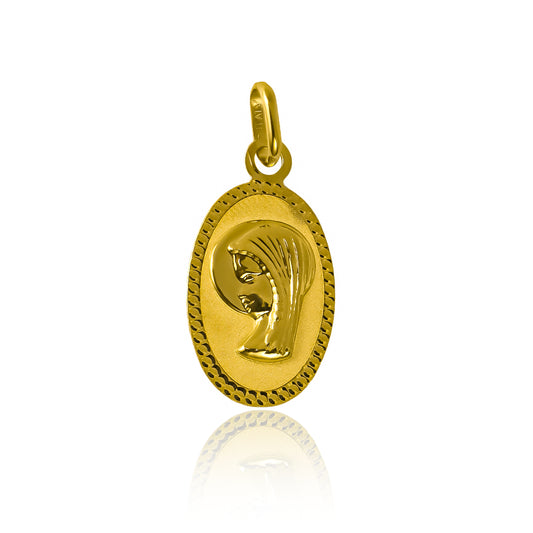 Dije Virgen Maria placa oval diamantada I en oro 18K, diseñado por Joyería Caracas con garantía de por vida.