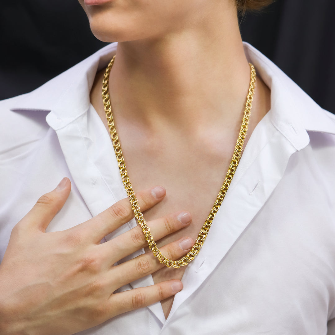 Cuello de hombre con cadena Doble Elite de 70 cm en oro amarillo de 18 quilates, hecho en Joyería Caracas. 