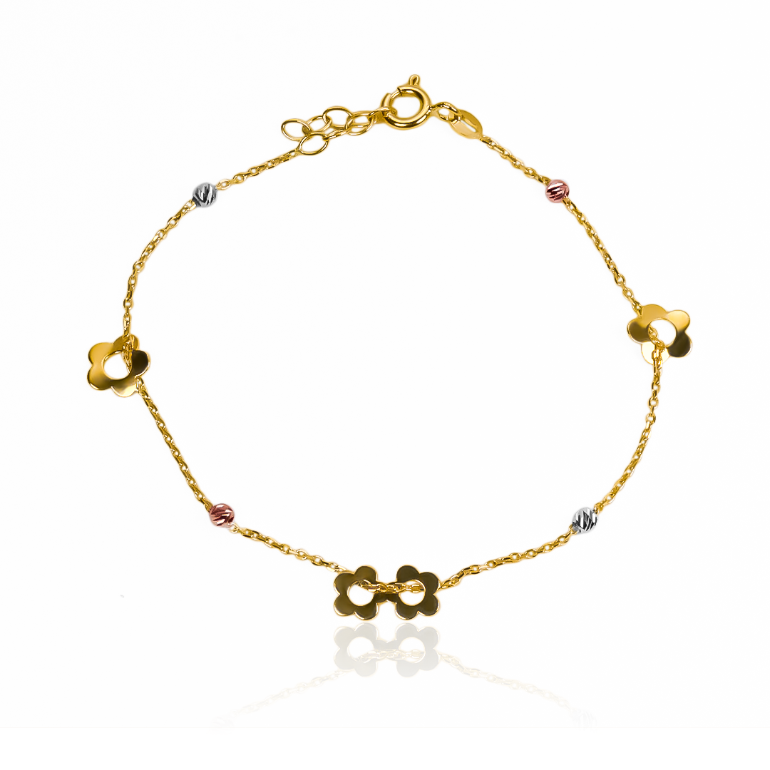 Descubre la elegancia y sofisticación de la Pulsera Flores 3 oros I, una joya de oro 18K de la prestigiosa Joyería Caracas. Con su diseño único y durabilidad garantizada de por vida, esta pulsera será la adición perfecta a tu colección de joyas exclusivas.