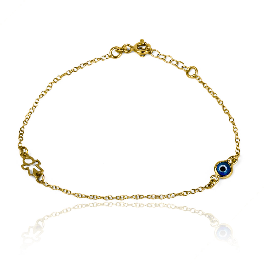 Llévate la elegancia y protección con la pulsera Pulsera Ojo turco + Niño de Joyería Caracas. Confeccionada en oro 18K, esta pieza te brinda no solo un estilo sofisticado, sino también una garantía para toda la vida.&nbsp;