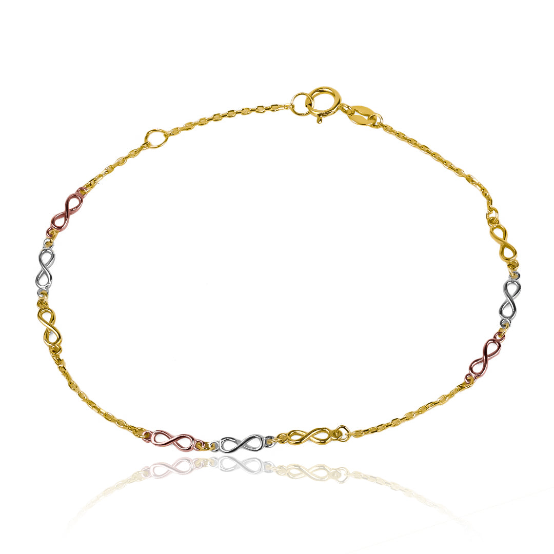 Esta pulsera infinites tricolor es un clásico en joyería de Oro 18K de la exclusiva marca Joyería Caracas. Con una garantía de por vida, es la elección perfecta para complementar un estilo elegante y sofisticado que durará para siempre.