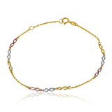 Esta pulsera infinites tricolor es un clásico en joyería de Oro 18K de la exclusiva marca Joyería Caracas. Con una garantía de por vida, es la elección perfecta para complementar un estilo elegante y sofisticado que durará para siempre.