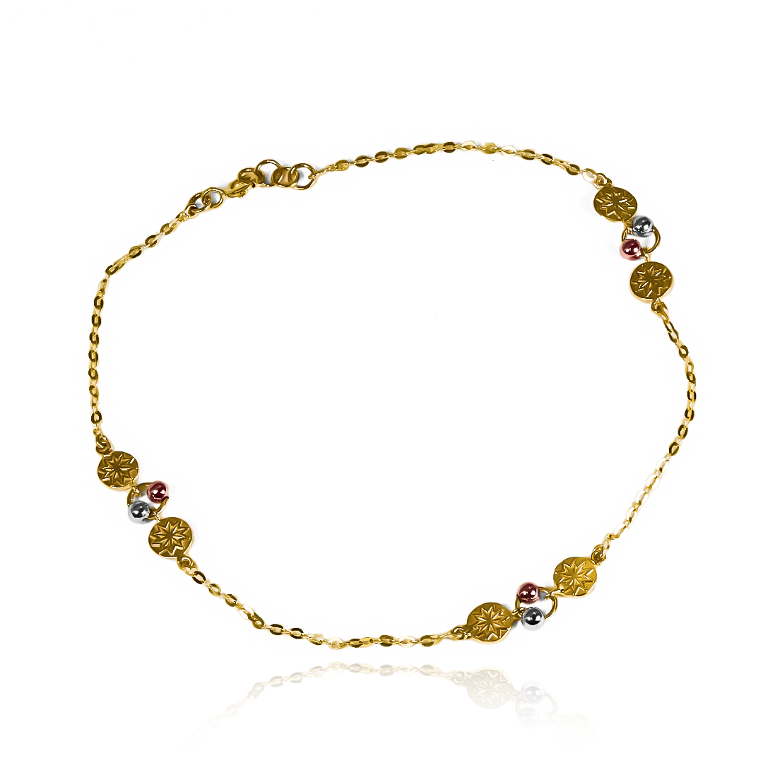 Descubre la elegancia y el lujo con nuestra Tobillera Estelar 3 oros. Hecha con Oro 18K de la prestigiosa Joyería Caracas. Con garantía para toda la vida, esta pieza se convertirá en un tesoro que te acompañará por siempre. Luce exclusiva y sofisticada con esta tobillera de oro.