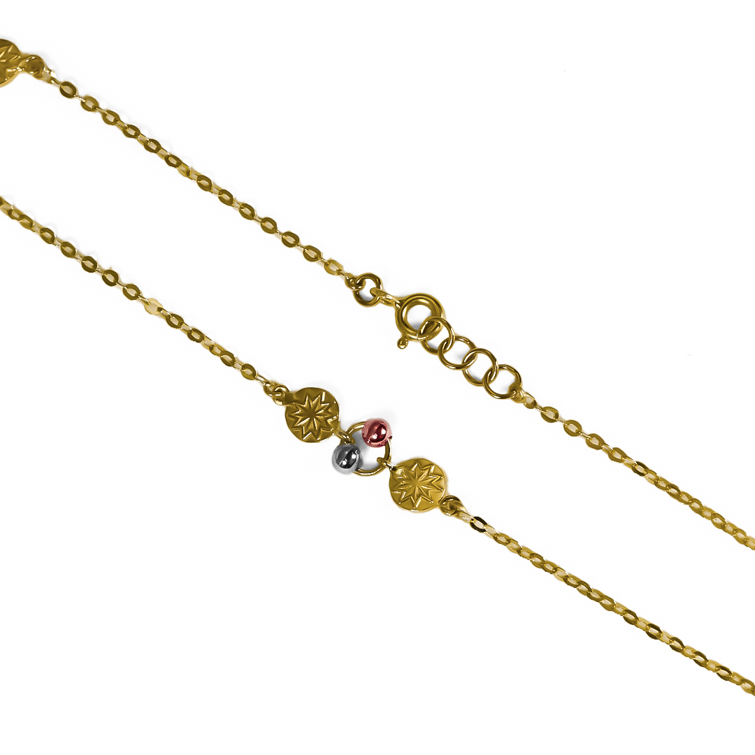 Descubre la elegancia y el lujo con nuestra Tobillera Estelar 3 oros. Hecha con Oro 18K de la prestigiosa Joyería Caracas. Con garantía para toda la vida, esta pieza se convertirá en un tesoro que te acompañará por siempre. Luce exclusiva y sofisticada con esta tobillera de oro.