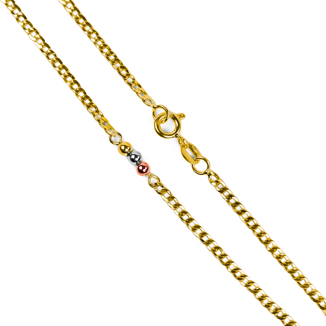 Tobillera cubana + esferas 3 oros #3 de Joyería Caracas. Hecha de oro 18K y con garantía de por vida, esta tobillera es una inversión en elegancia y calidad. Dale un toque de lujo a tu estilo con esta pieza exclusiva.