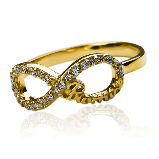 Joyería Caracas con este hermoso Anillo infinity promise en oro 18k. Con una garantía para toda la vida, este anillo es una promesa de amor eterno.