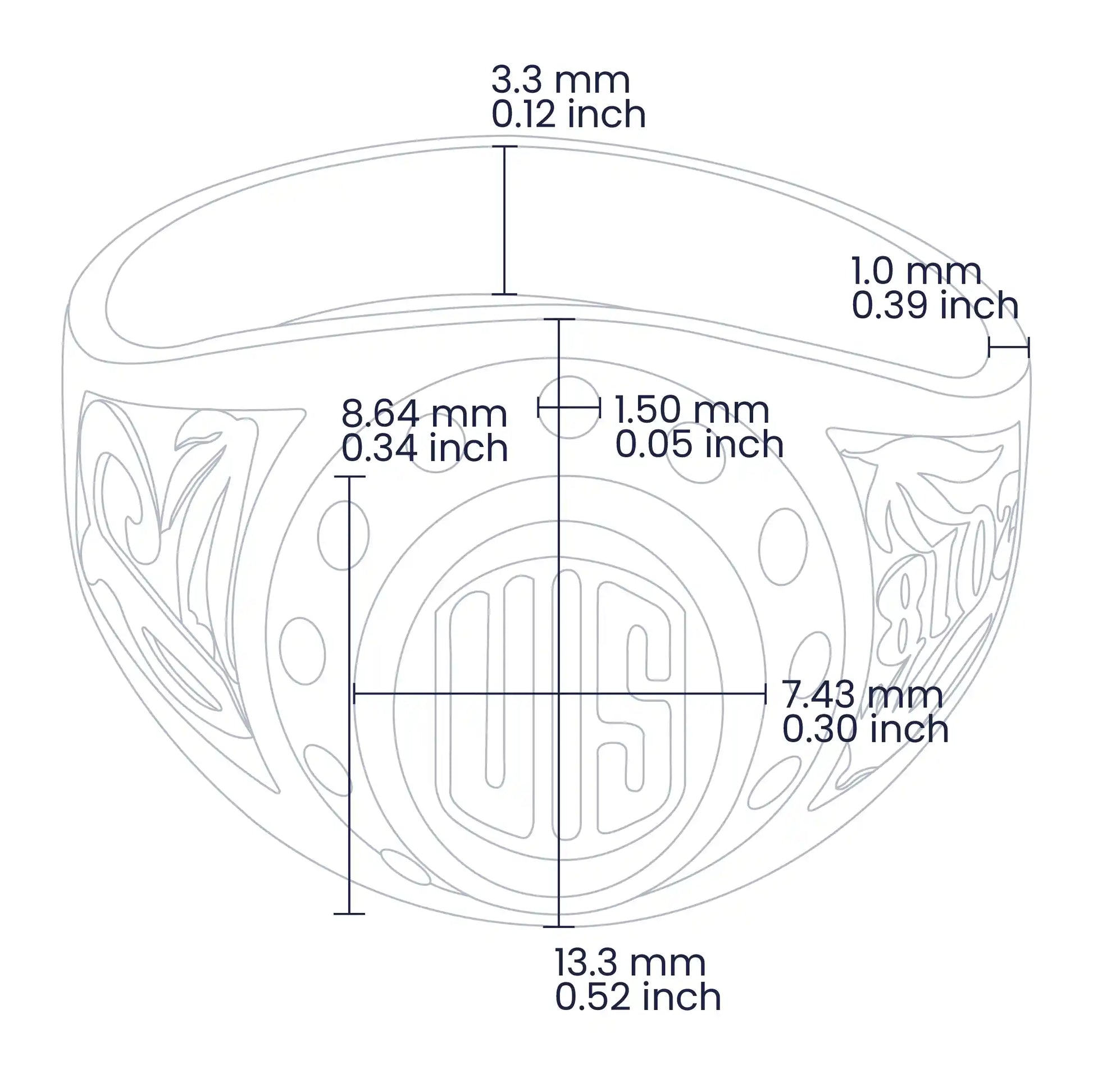 Croquis del anillo de grado el cual específica las medidas exactas del producto, como: el ancho del aro, ancho central, grosor, tamaño de las piedras, entre otros.