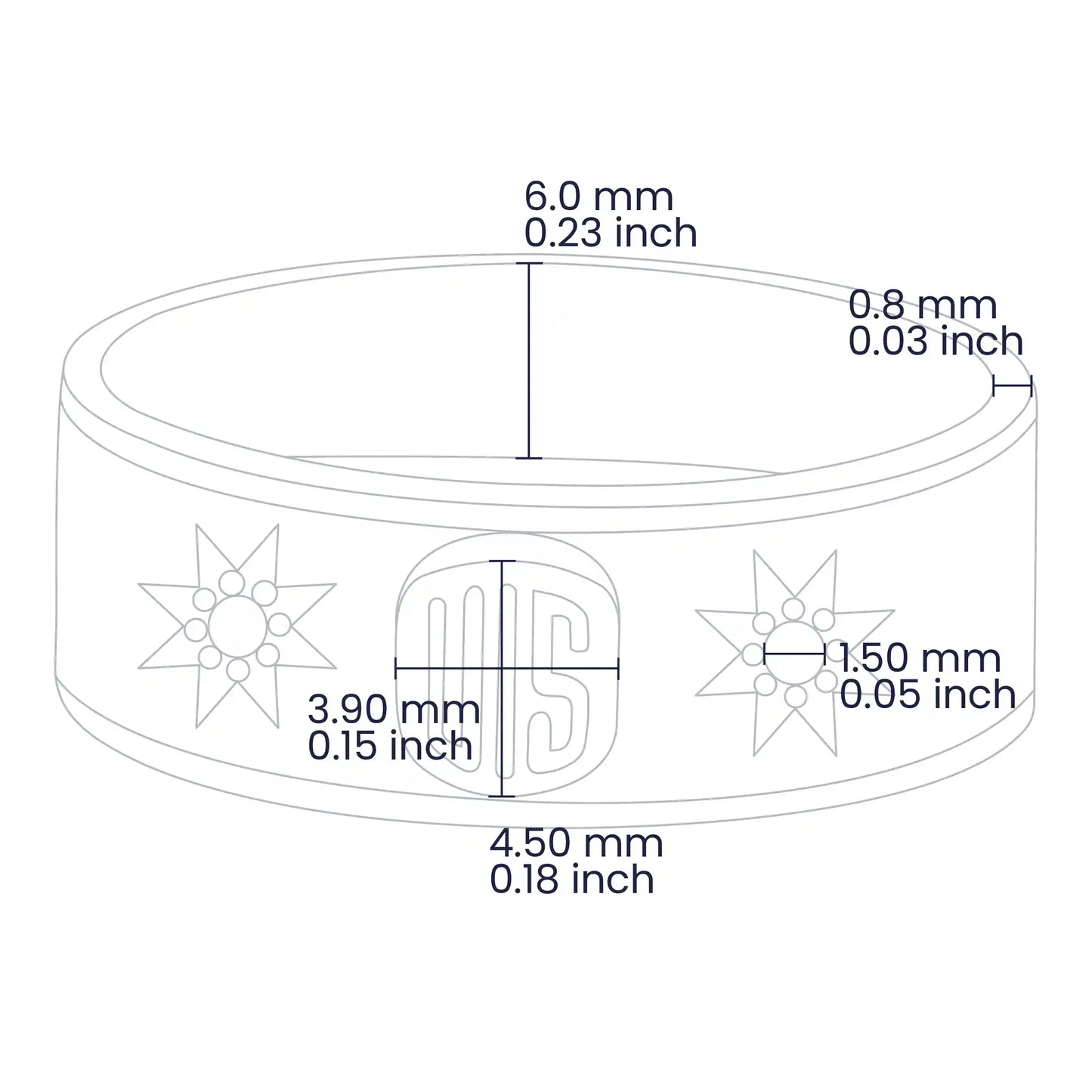 Croquis del anillo de grado el cual específica las medidas exactas del producto, como: el ancho del aro, ancho central, grosor, tamaño de las piedras, entre otros.