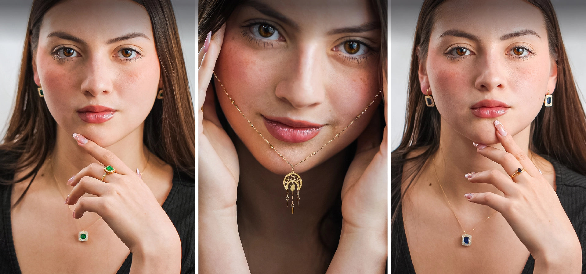 Modelo con deslumbrantes collares y aretes de Joyería Caracas.