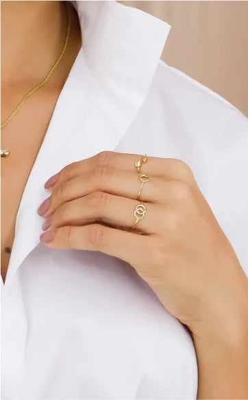 Mano tocando el cuello de una camisa blanca. La mano lleva tres anillos de oro: uno con un diseño simple y otros con un patrón intrincado,un nudo o una lazada. Además, la persona lleva un delicado collar de cadena de oro. Esta imagen podría ser relevante para discusiones sobre moda, diseño de joyería o cómo combinar accesorios con la ropa