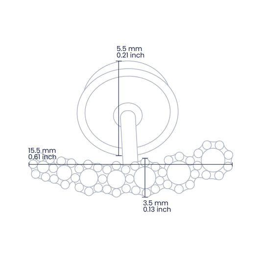 Croquis de topito caterpillar de 15.5mm de ancho y 3.5mm de alto con broche de rosca española en oro amarillo de 18 quilates con cristales de color blanco, hechos en Joyería Caracas. 