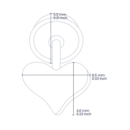 Croquis de topito en forma de corazón liso de 4.0mm de alto y 8.5mm de ancho con broche de rosca española, hechos en Joyería Caracas. 