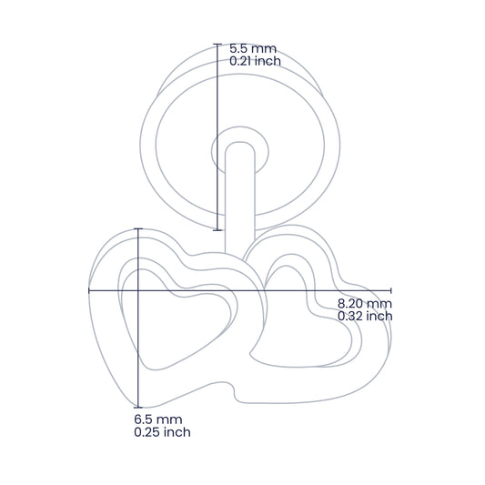 Croquis de topito de doble corazón liso de 6.5mm de alto y 8.20mm de ancho con broche de rosca española en oro amarillo de 18 quilates, hechos en Joyería Caracas. 