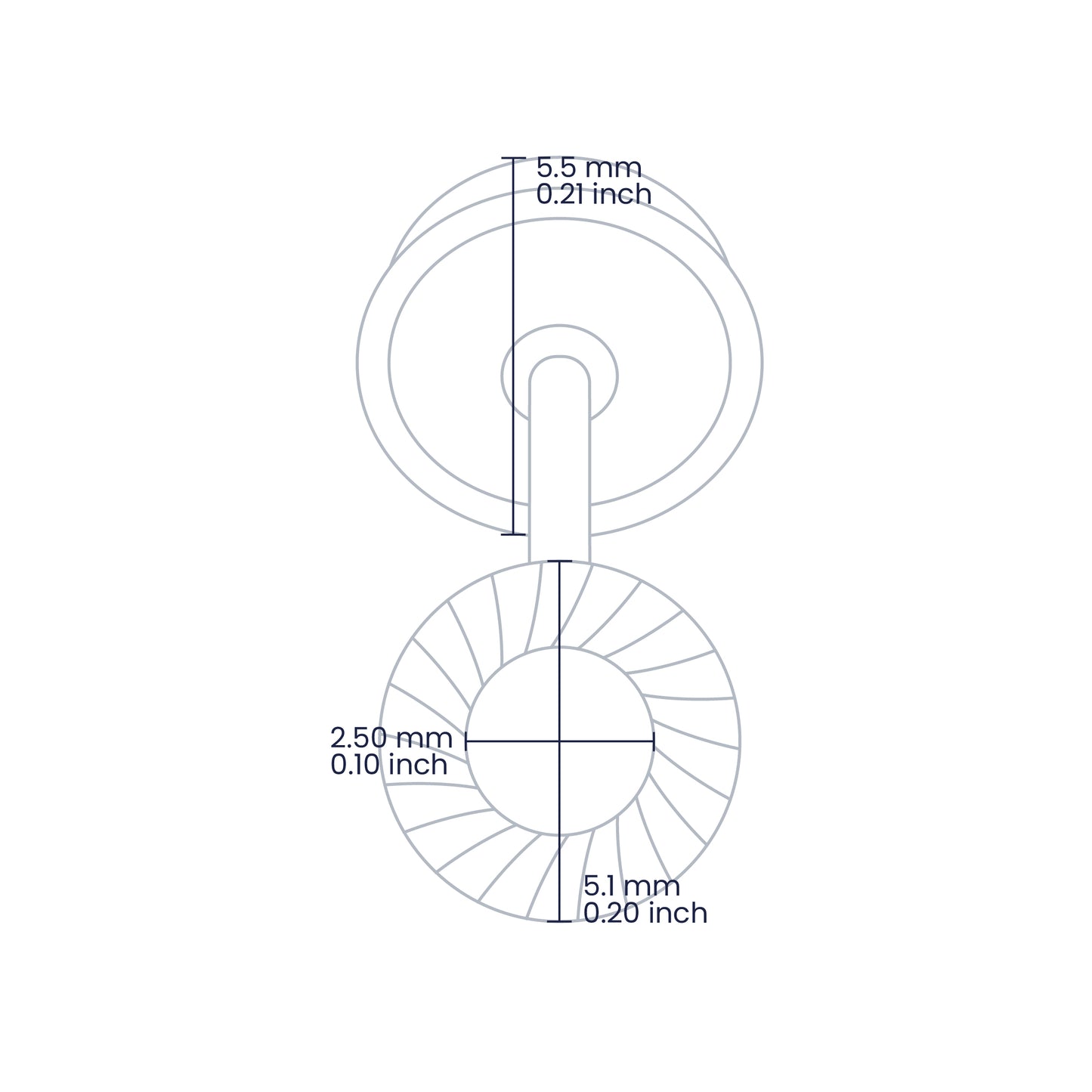 Croquis de topito en forma de dona entorchada de 5.1mm en oro amarillo de 18 quilates con cristal de color blanco de 2.50mm en el centro, hechos en Joyería Caracas. 