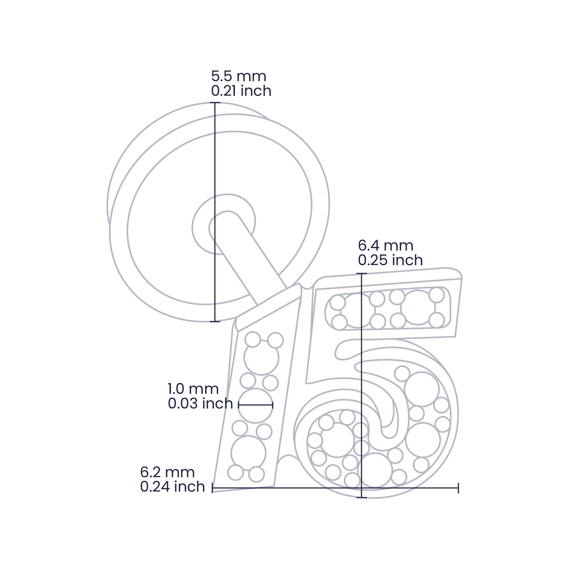 Croquis de topito con el número 15 en oro amarillo y blanco de 6.4mm de alto y 6.2mm de ancho con broche de rosca española de 18 quilates con cristales de color blanco de 1.0mm, hechos en Joyería Caracas. 