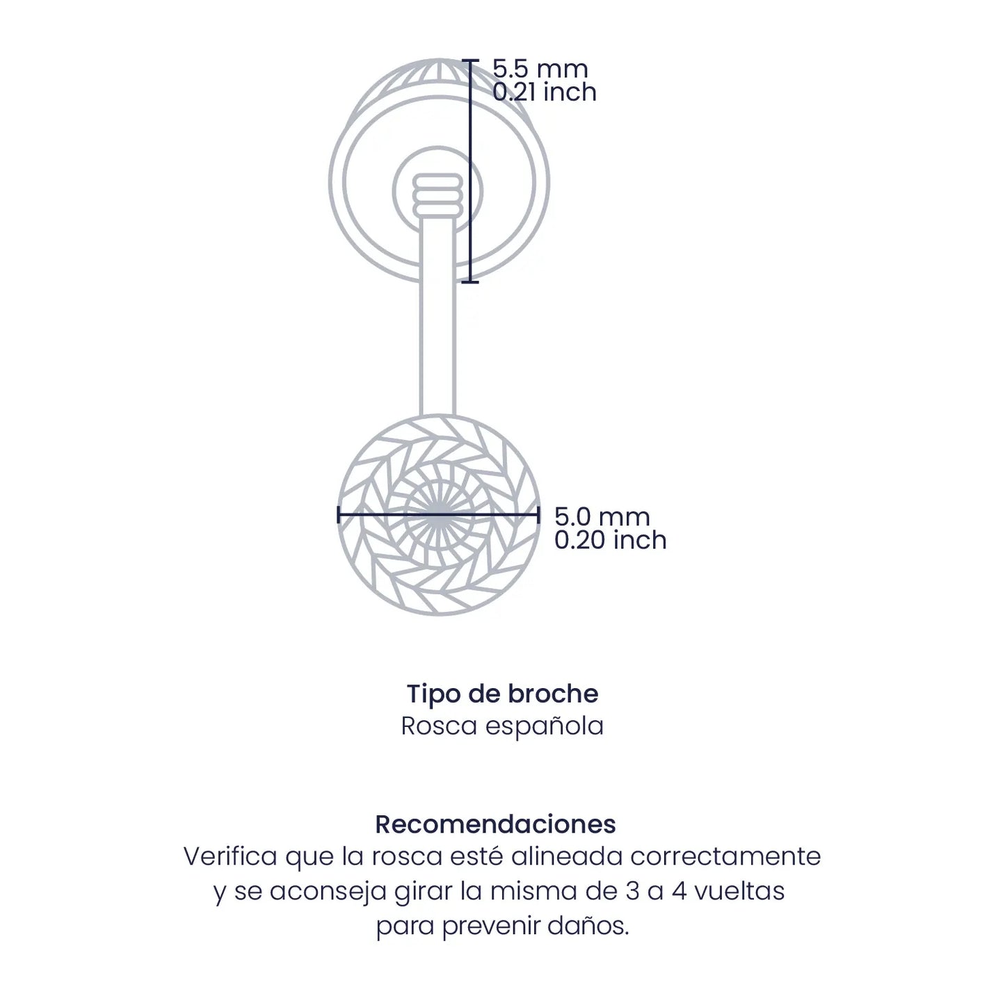 Croquis de topito de esfera diamantada de 5.0mm con broche de rosca española en oro amarillo de 18 quilates, hechos en Joyería Caracas. 