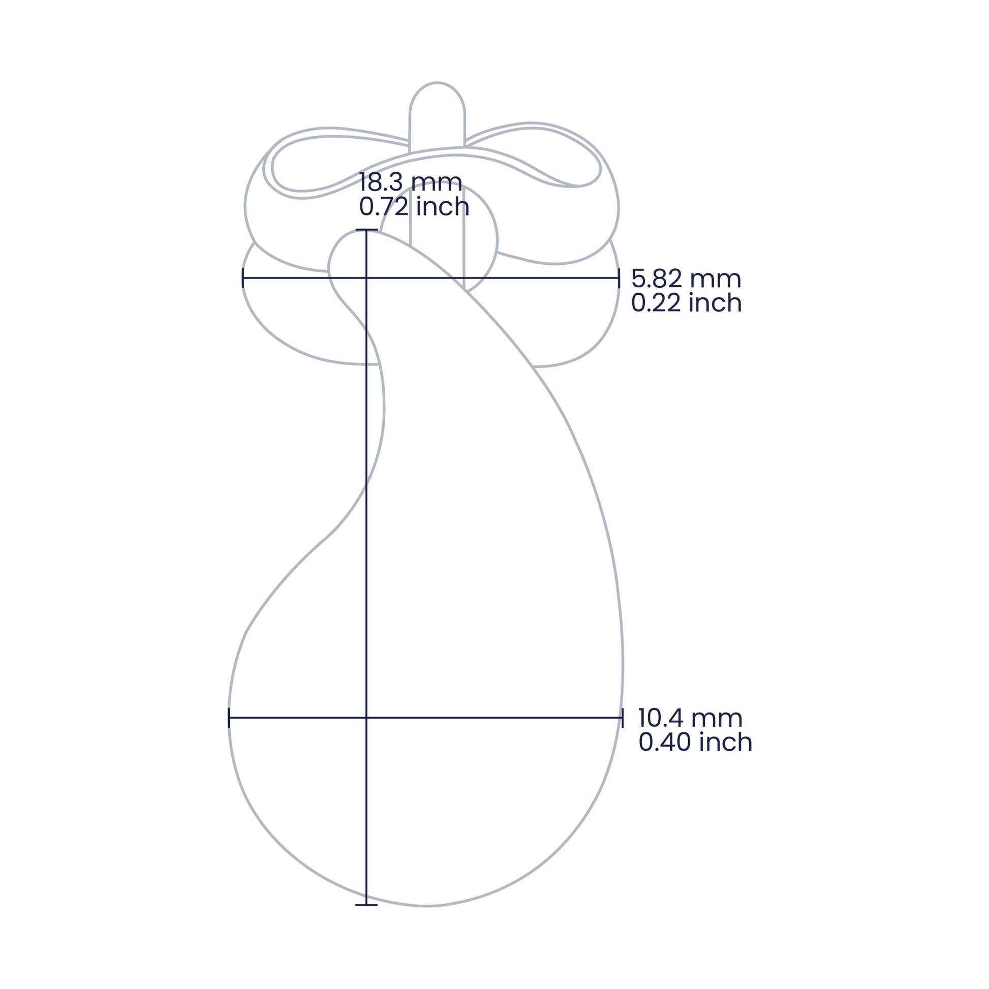 Croquis de topito en forma de gota de 18.3mm de alto y 10.4mm de ancho en oro amarillo de 18 quilates, hechos en Joyería Caracas. 