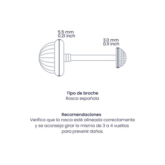 Croquis de topito de media esfera diamantada de 3.0mm con broche de rosca española en oro amarillo de 18 quilates, hechos en Joyería Caracas. 