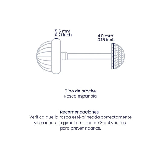 Croquis de topito de media esfera diamantada de 4.0mm con broche de rosca española en oro amarillo de 18 quilates, hechos en Joyería Caracas. 