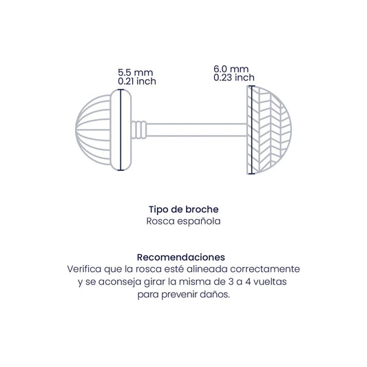 Croquis de topito de media esfera diamantada de 6.0mm con broche de rosca española en oro amarillo de 18 quilates, hechos en Joyería Caracas. 