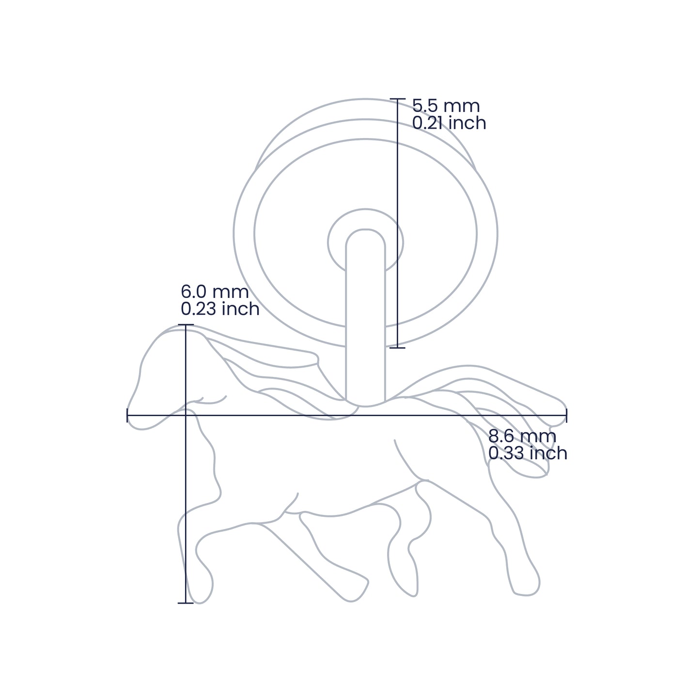 Croquis de topito en forma de caballo con broche de rosca española en oro amarillo de 18 quilates de 8.6mm de ancho y 6.0mm de alto, hechos en Joyería Caracas. 