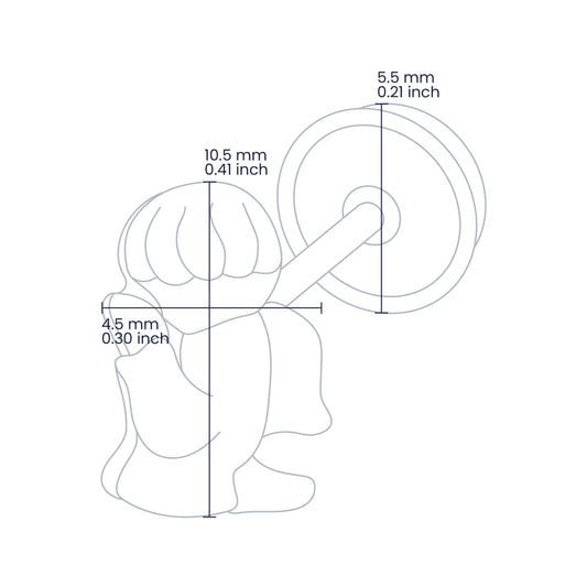 Croquis de topito en forma de ángel rezando de 10.5mm de alto y 4.5mm de ancho con broche de rosca española en oro amarillo de 18 quilates, hechos en Joyería Caracas. 