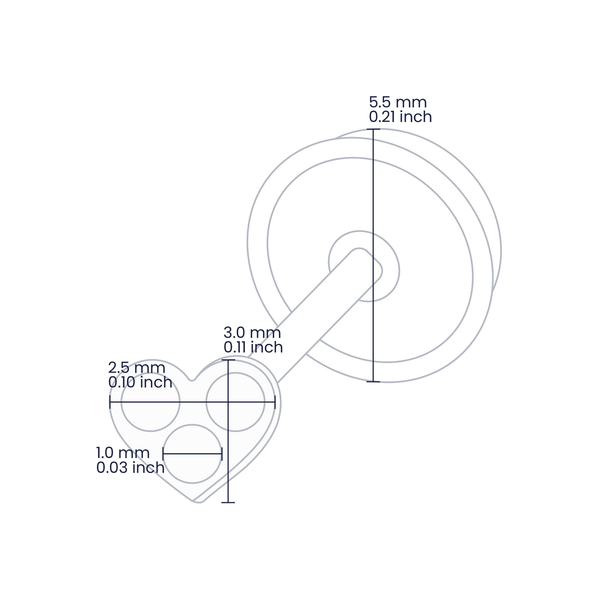 Croquis de topito en forma de corazón de 3.0mm de alto y 2.5mm de ancho con broche de rosca española en oro amarillo de 18 quilates con 3 cristales de color blanco de 1.0mm, hechos en Joyería Caracas.