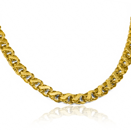 Descubre la sublime elegancia de esta cadena de oro de 18 quilates, tejida con un arte único y poco común que cautiva a primera vista. Cada hilo de oro ha sido cuidadosamente entrelazado para crear un tejido excepcionalmente fino y lujoso, que destaca por su sofisticación y exclusividad. Con una garantía certificada que respalda su calidad y autenticidad, esta cadena representa la excelencia en la artesanía joyera.