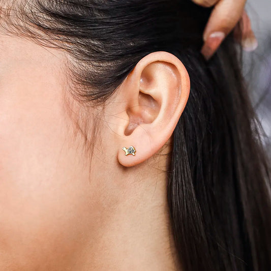 Oreja de mujer con topito en forma de tortuga en oro amarillo de 18 quilates con cristales de color blanco, hecho en joyeria caracas. 